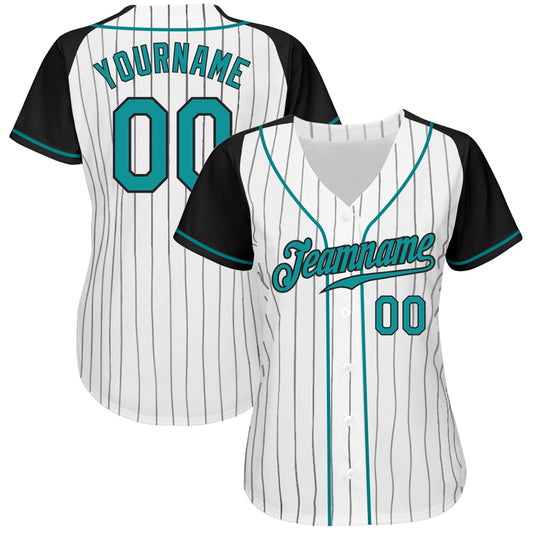 Custom White Black Pinstripe Teal-Black Authentic Raglan Sleeves Baseball Jersey - Sky-Custom