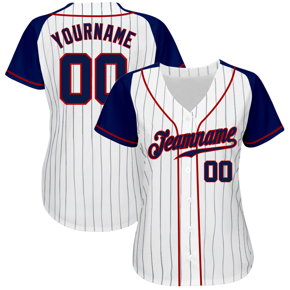 Custom White Navy Pinstripe Navy-Red Authentic Raglan Sleeves Baseball Jersey - Sky-Custom