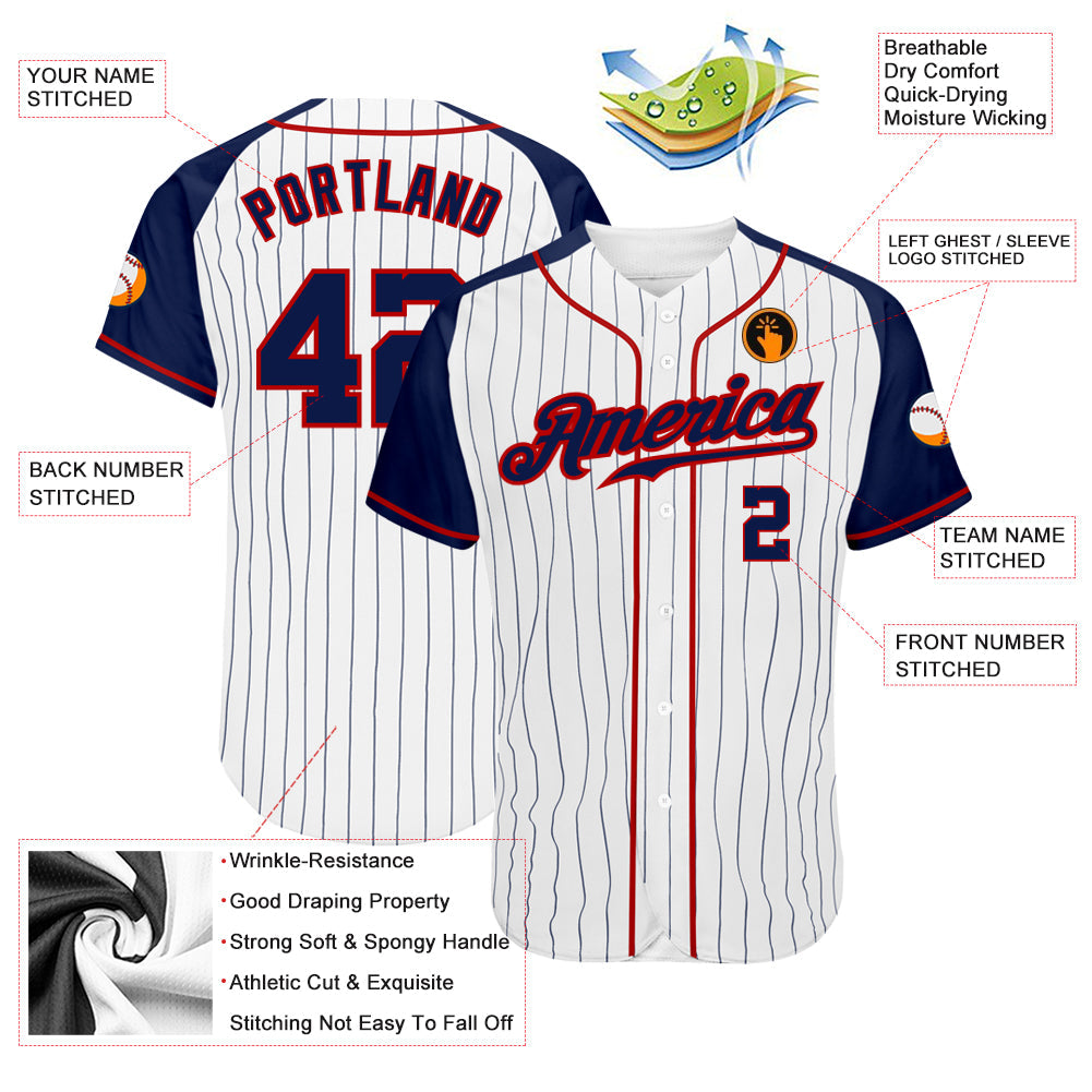 Custom White Navy Pinstripe Navy-Red Authentic Raglan Sleeves Baseball Jersey - Sky-Custom