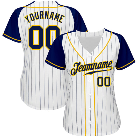 Custom White Navy Pinstripe Navy-Gold Authentic Raglan Sleeves Baseball Jersey - Sky-Custom