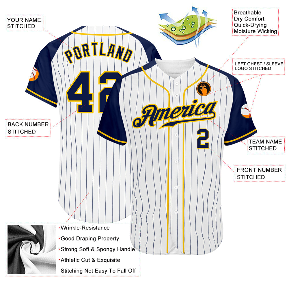 Custom White Navy Pinstripe Navy-Gold Authentic Raglan Sleeves Baseball Jersey - Sky-Custom