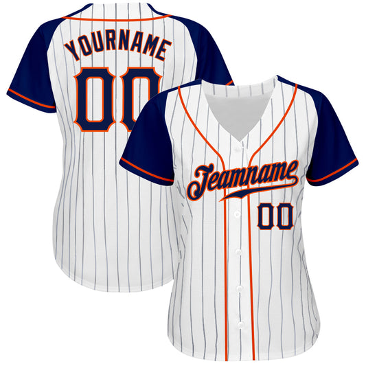 Custom White Navy Pinstripe Navy-Orange Authentic Raglan Sleeves Baseball Jersey - Sky-Custom