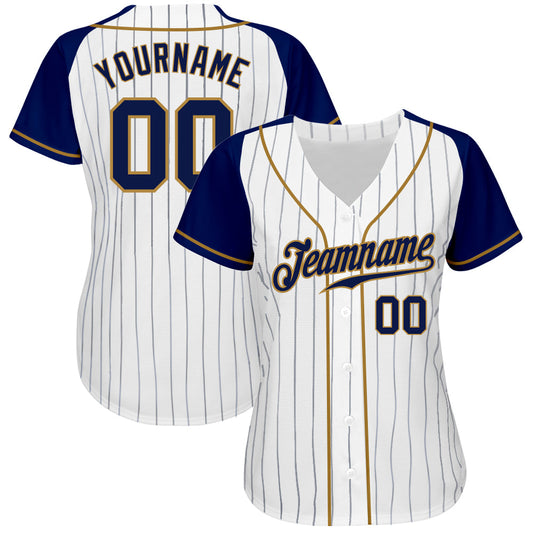 Custom White Navy Pinstripe Navy-Old Gold Authentic Raglan Sleeves Baseball Jersey - Sky-Custom