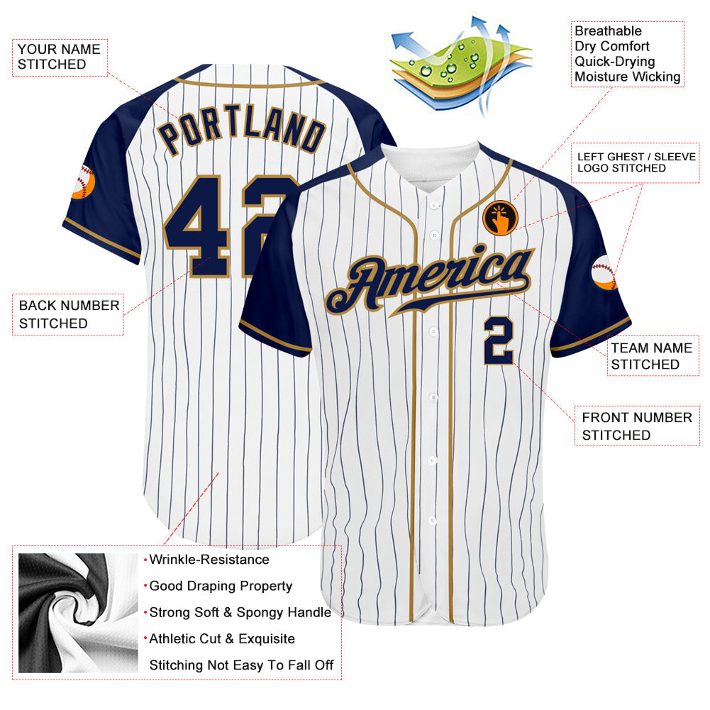 Custom White Navy Pinstripe Navy-Old Gold Authentic Raglan Sleeves Baseball Jersey - Sky-Custom