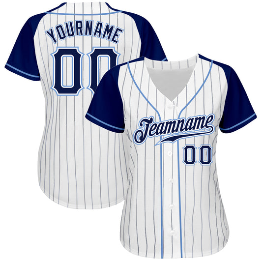 Custom White Navy Pinstripe Navy-Light Blue Authentic Raglan Sleeves Baseball Jersey - Sky-Custom