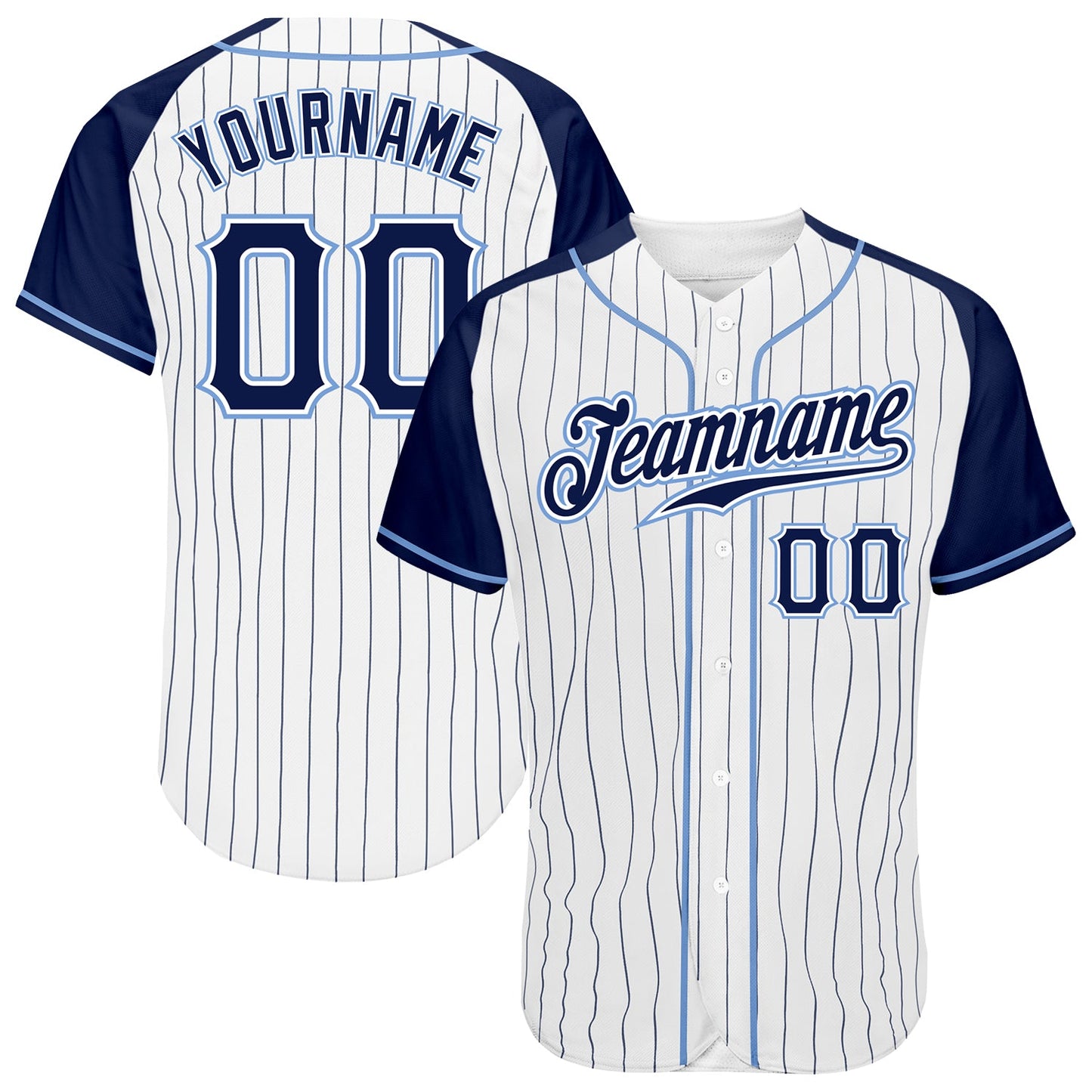 Custom White Navy Pinstripe Navy-Light Blue Authentic Raglan Sleeves Baseball Jersey - Sky-Custom