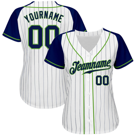 Custom White Navy Pinstripe Navy-Neon Green Authentic Raglan Sleeves Baseball Jersey - Sky-Custom