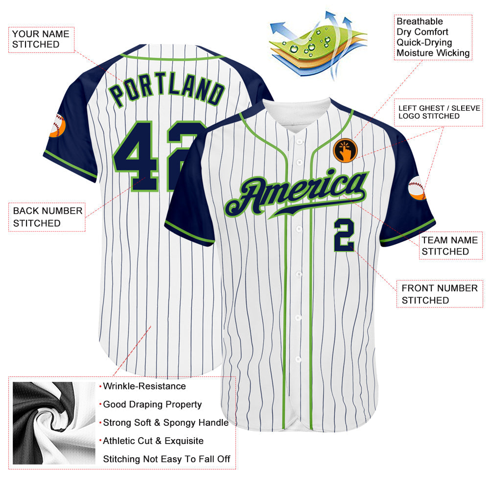 Custom White Navy Pinstripe Navy-Neon Green Authentic Raglan Sleeves Baseball Jersey - Sky-Custom
