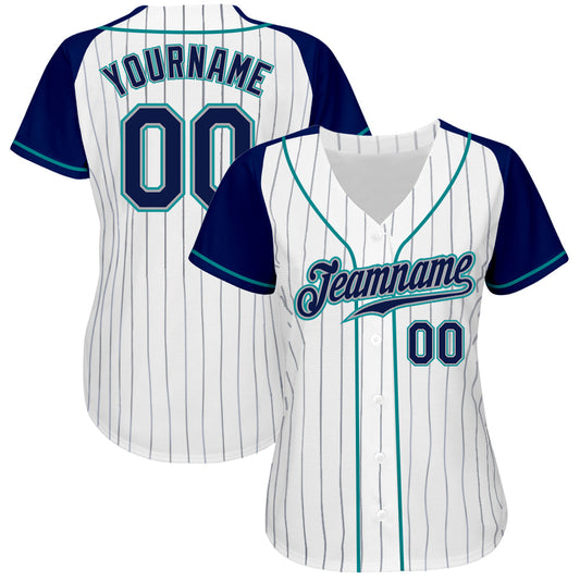 Custom White Navy Pinstripe Navy-Teal Authentic Raglan Sleeves Baseball Jersey - Sky-Custom