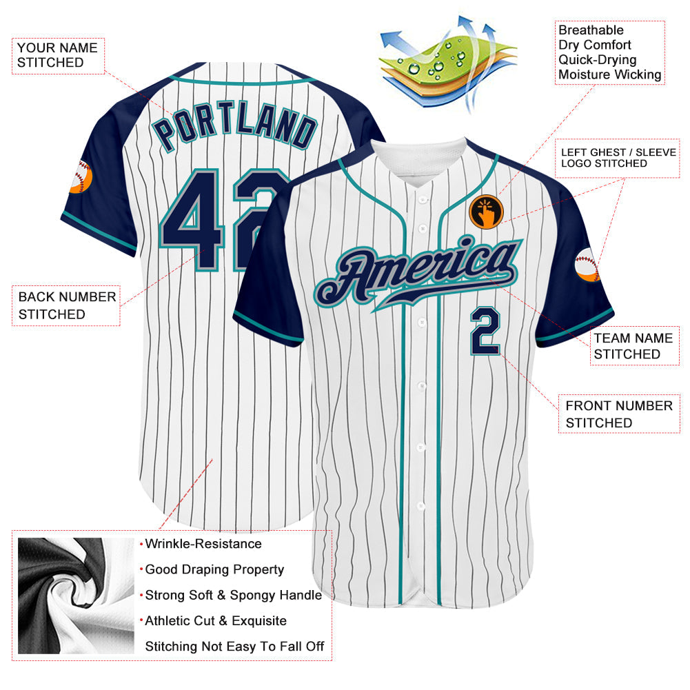 Custom White Navy Pinstripe Navy-Teal Authentic Raglan Sleeves Baseball Jersey - Sky-Custom