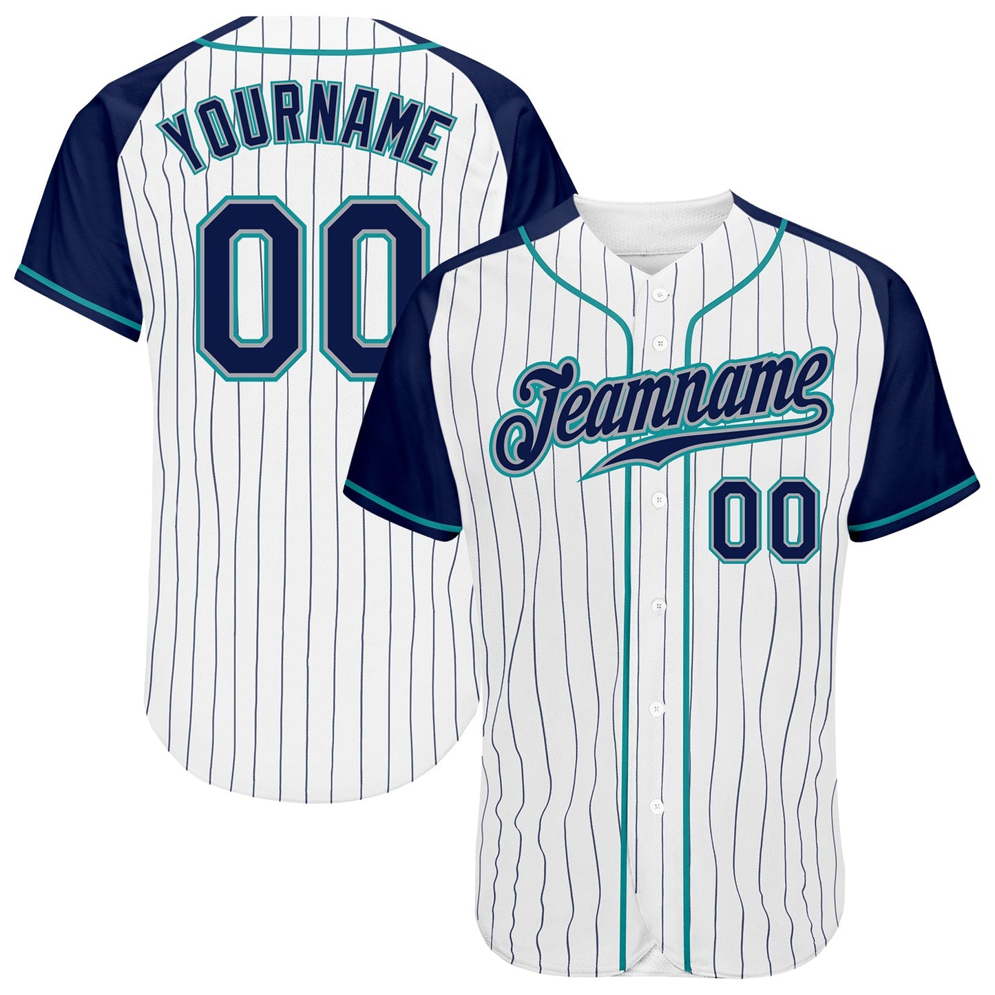Custom White Navy Pinstripe Navy-Teal Authentic Raglan Sleeves Baseball Jersey - Sky-Custom