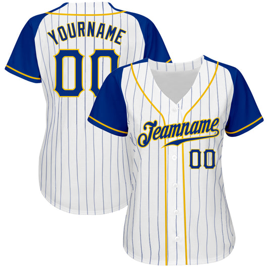 Custom White Royal Pinstripe Royal-Gold Authentic Raglan Sleeves Baseball Jersey - Sky-Custom