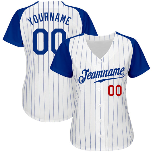 Custom White Royal Pinstripe Royal-Red Authentic Raglan Sleeves Baseball Jersey - Sky-Custom