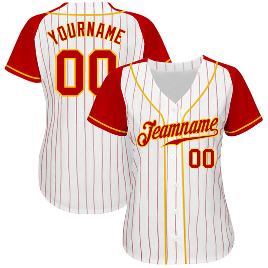 Custom White Red Pinstripe Red-Gold Authentic Raglan Sleeves Baseball Jersey - Sky-Custom