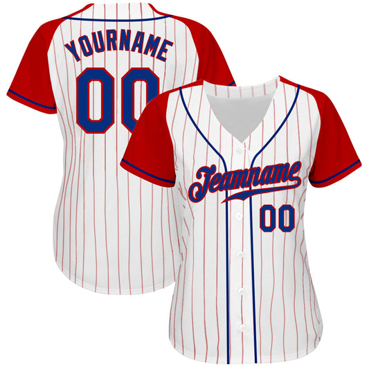 Custom White Red Pinstripe Royal-Red Authentic Raglan Sleeves Baseball Jersey - Sky-Custom