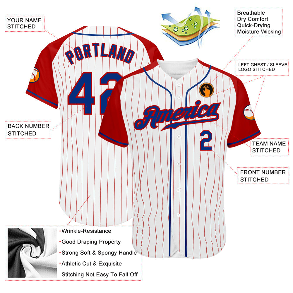 Custom White Red Pinstripe Royal-Red Authentic Raglan Sleeves Baseball Jersey - Sky-Custom