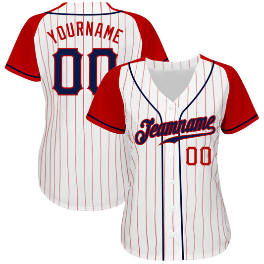 Custom White Red Pinstripe Navy-Red Authentic Raglan Sleeves Baseball Jersey - Sky-Custom