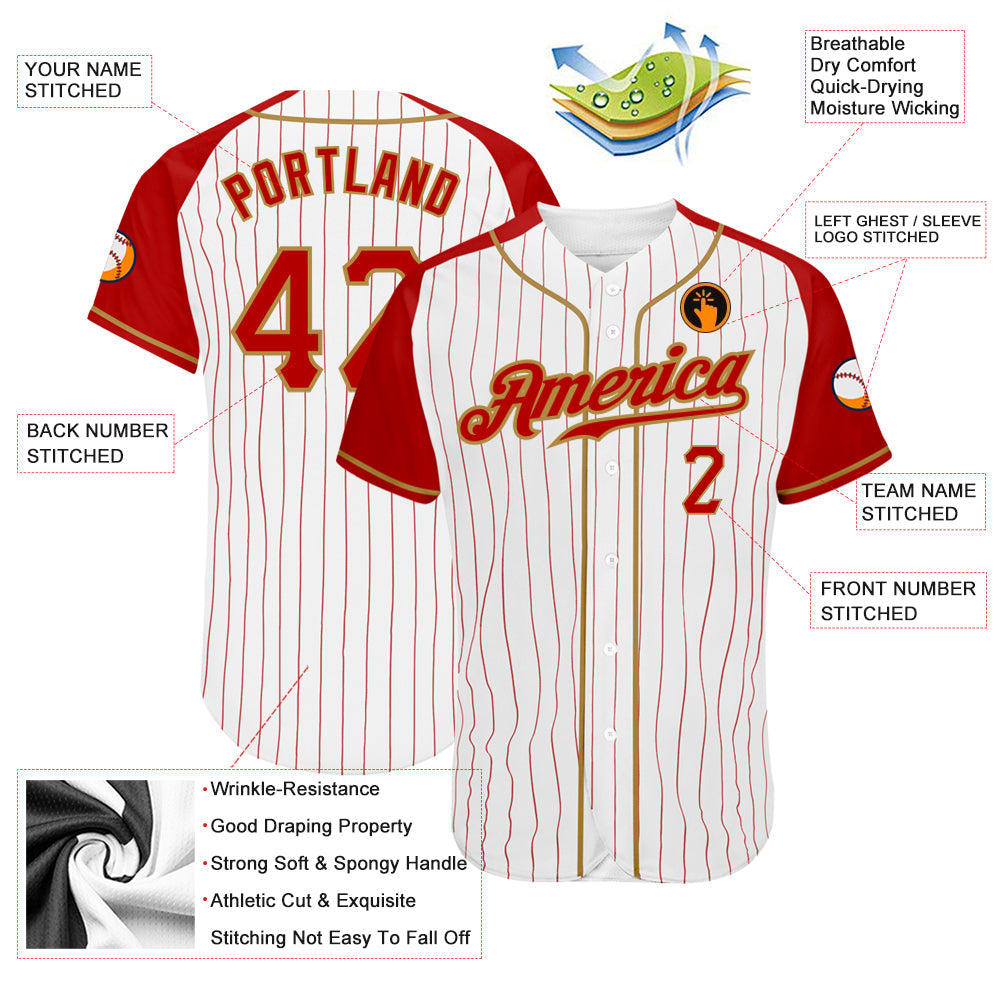 Custom White Red Pinstripe Red-Old Gold Authentic Raglan Sleeves Baseball Jersey - Sky-Custom