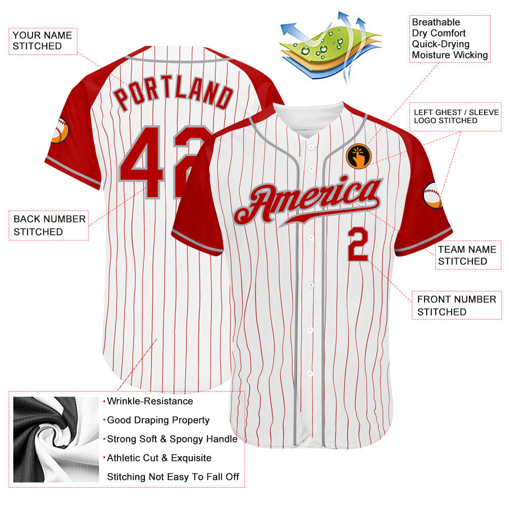 Custom White Red Pinstripe Red-Gray Authentic Raglan Sleeves Baseball Jersey - Sky-Custom