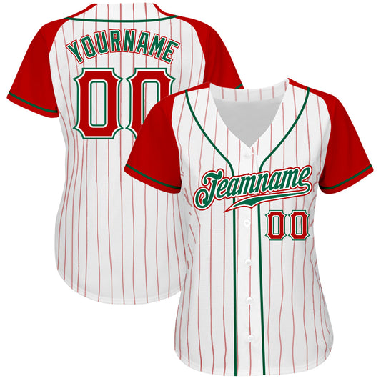 Custom White Red Pinstripe Red-Kelly Green Authentic Raglan Sleeves Baseball Jersey - Sky-Custom