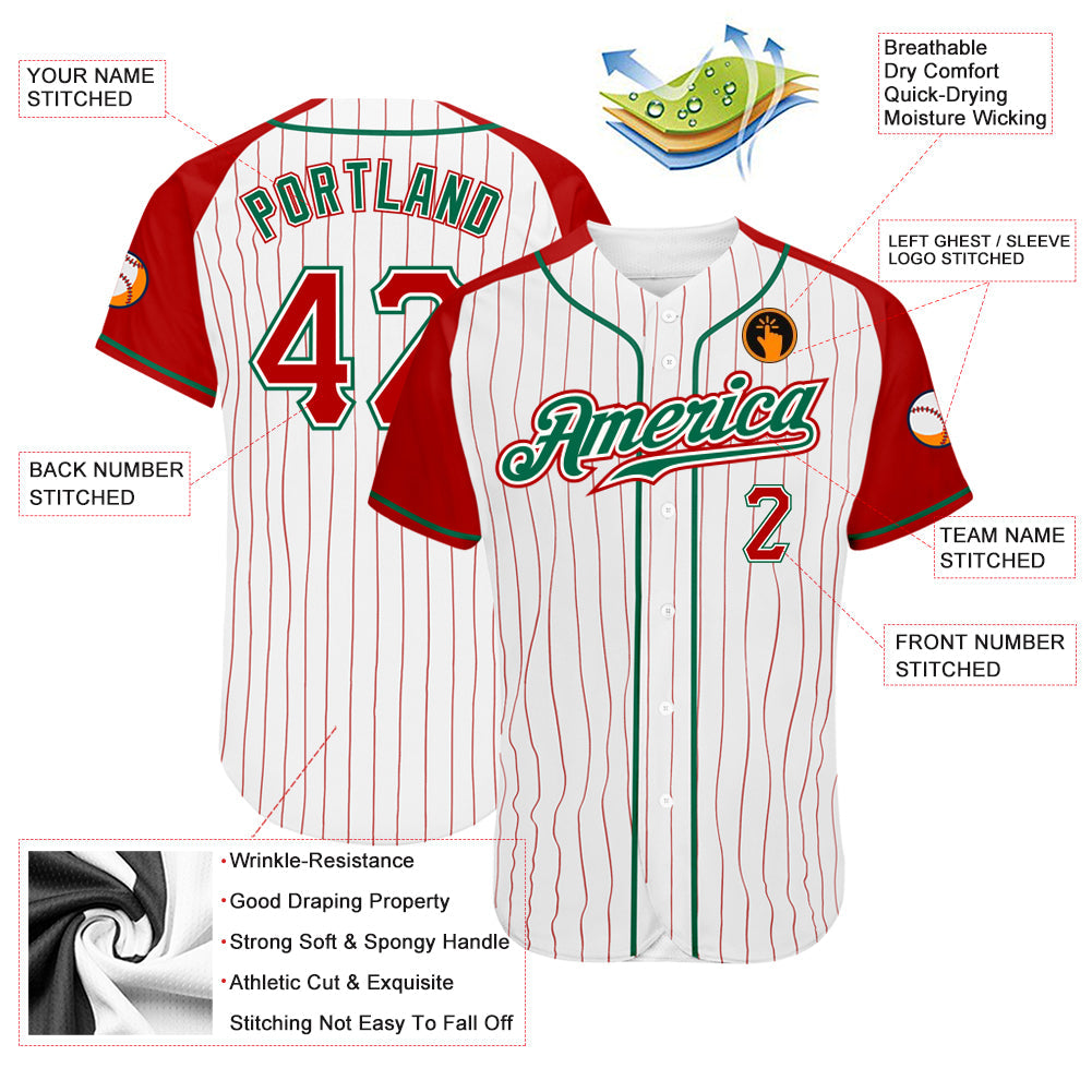 Custom White Red Pinstripe Red-Kelly Green Authentic Raglan Sleeves Baseball Jersey - Sky-Custom