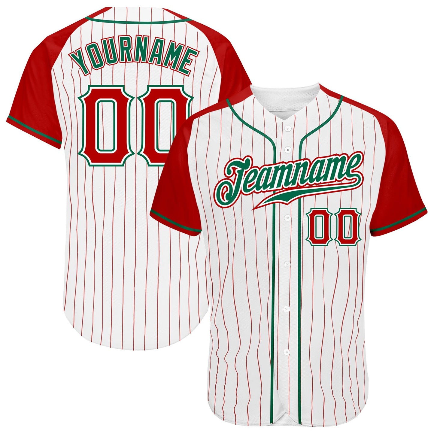 Custom White Red Pinstripe Red-Kelly Green Authentic Raglan Sleeves Baseball Jersey - Sky-Custom