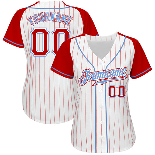 Custom White Red Pinstripe Red-Light Blue Authentic Raglan Sleeves Baseball Jersey - Sky-Custom