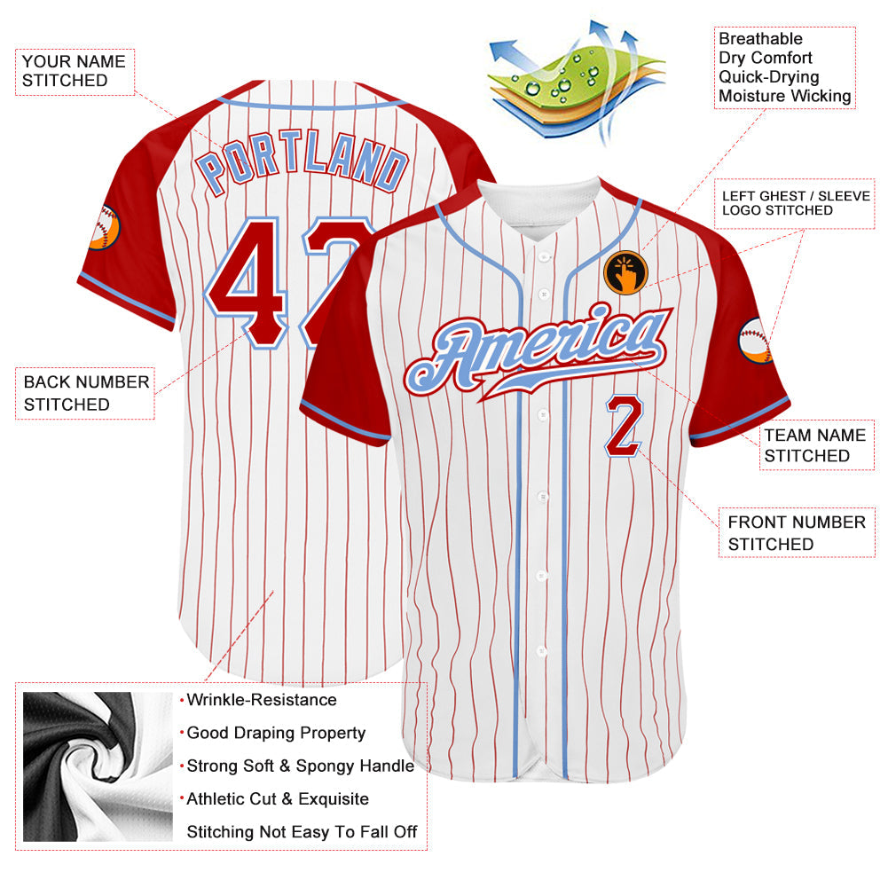 Custom White Red Pinstripe Red-Light Blue Authentic Raglan Sleeves Baseball Jersey - Sky-Custom
