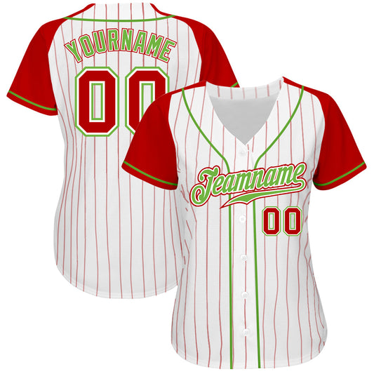Custom White Red Pinstripe Red-Neon Green Authentic Raglan Sleeves Baseball Jersey - Sky-Custom