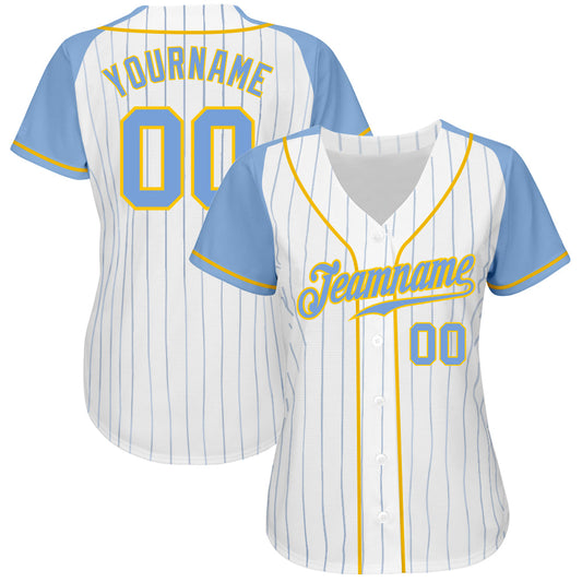 Custom White Light Blue Pinstripe Light Blue-Gold Authentic Raglan Sleeves Baseball Jersey - Sky-Custom