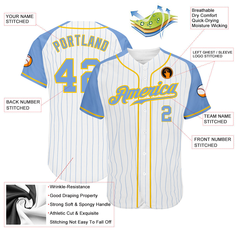 Custom White Light Blue Pinstripe Light Blue-Gold Authentic Raglan Sleeves Baseball Jersey - Sky-Custom