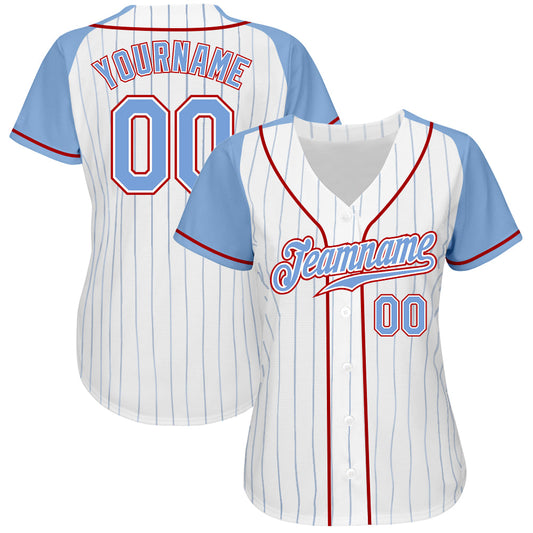 Custom White Light Blue Pinstripe Light Blue-Red Authentic Raglan Sleeves Baseball Jersey - Sky-Custom