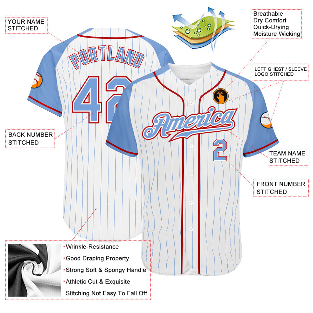 Custom White Light Blue Pinstripe Light Blue-Red Authentic Raglan Sleeves Baseball Jersey - Sky-Custom
