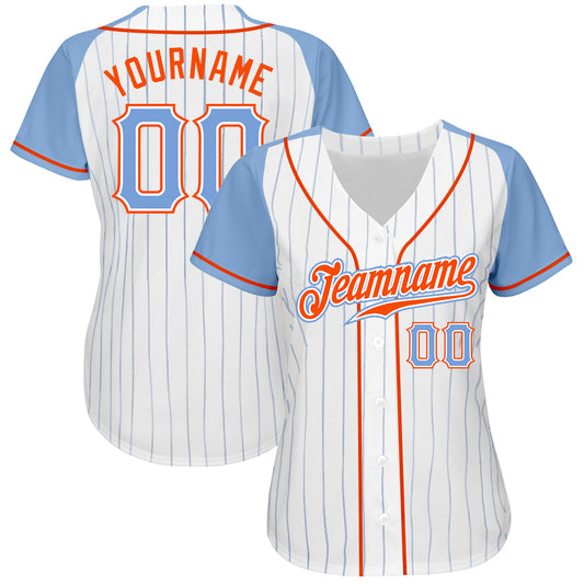 Custom White Light Blue Pinstripe Light Blue-Orange Authentic Raglan Sleeves Baseball Jersey - Sky-Custom