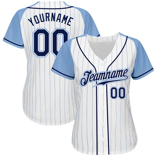 Custom White Light Blue Pinstripe Navy-Light Blue Authentic Raglan Sleeves Baseball Jersey - Sky-Custom