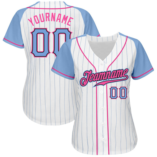 Custom White Light Blue Pinstripe Light Blue-Pink Authentic Raglan Sleeves Baseball Jersey - Sky-Custom