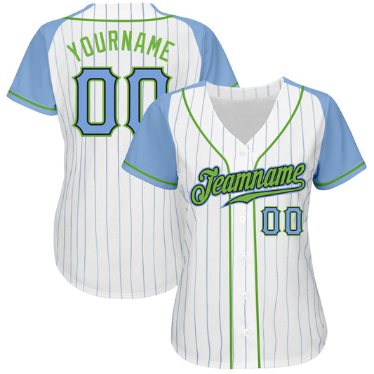 Custom White Light Blue Pinstripe Light Blue-Neon Green Authentic Raglan Sleeves Baseball Jersey - Sky-Custom