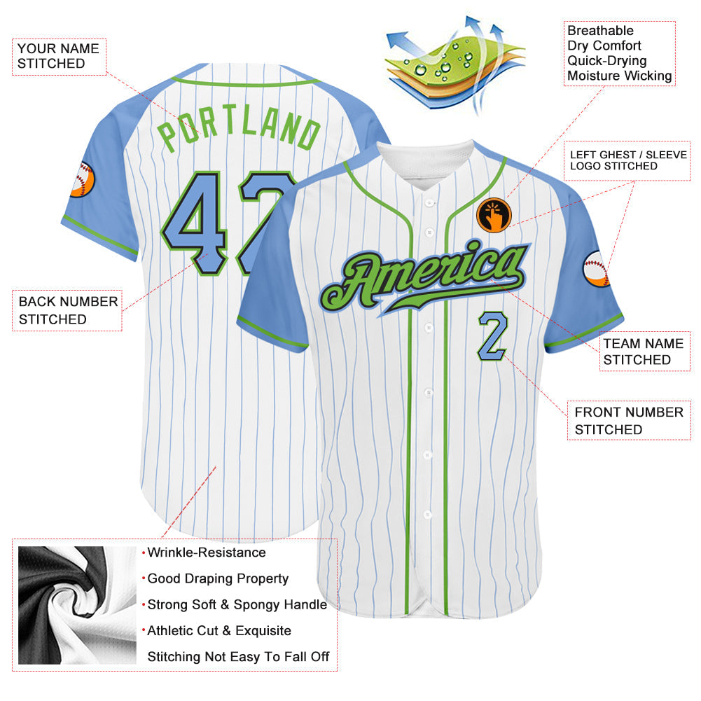 Custom White Light Blue Pinstripe Light Blue-Neon Green Authentic Raglan Sleeves Baseball Jersey - Sky-Custom