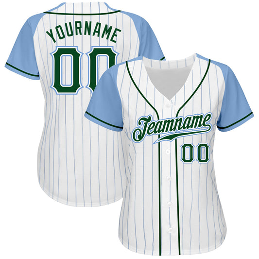 Custom White Light Blue Pinstripe Green-Light Blue Authentic Raglan Sleeves Baseball Jersey - Sky-Custom