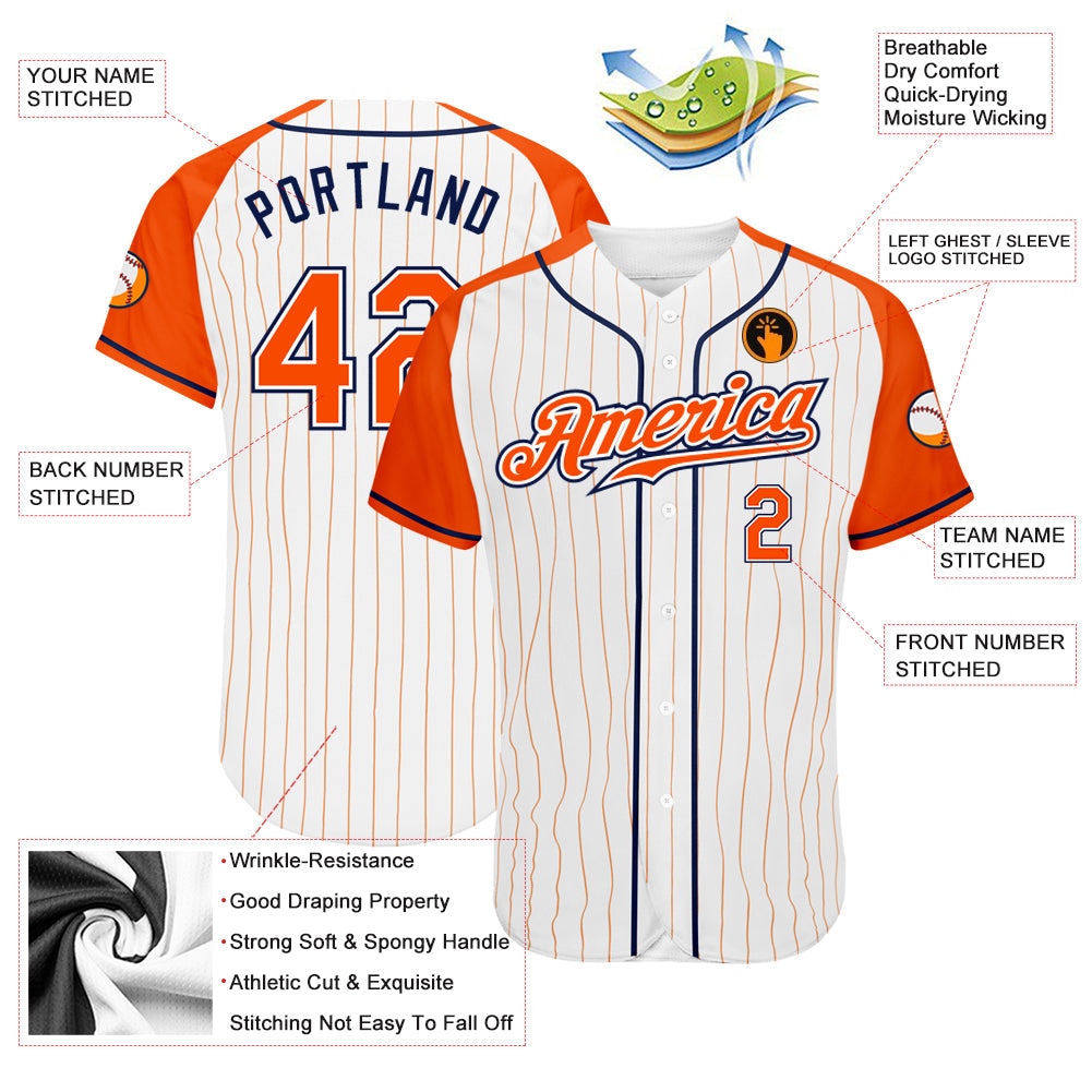 Custom White Orange Pinstripe Orange-Navy Authentic Raglan Sleeves Baseball Jersey - Sky-Custom