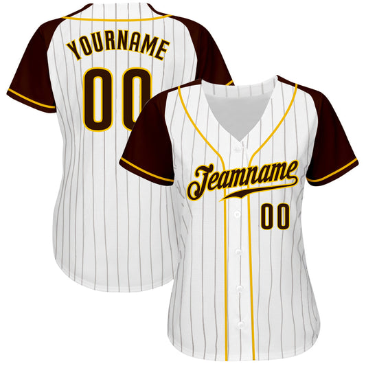 Custom White Brown Pinstripe Brown-Gold Authentic Raglan Sleeves Baseball Jersey - Sky-Custom