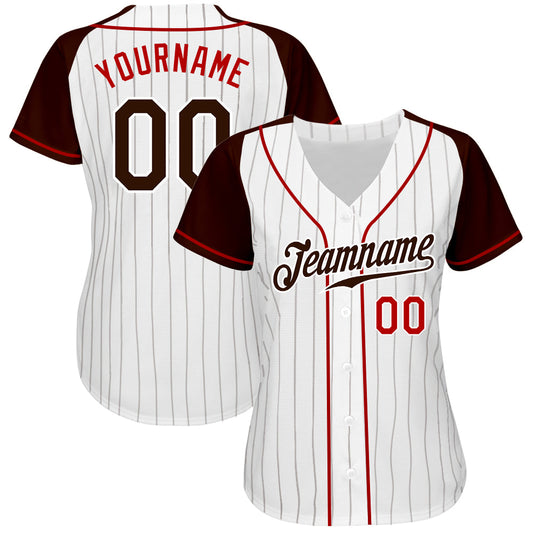 Custom White Brown Pinstripe Brown-Red Authentic Raglan Sleeves Baseball Jersey - Sky-Custom