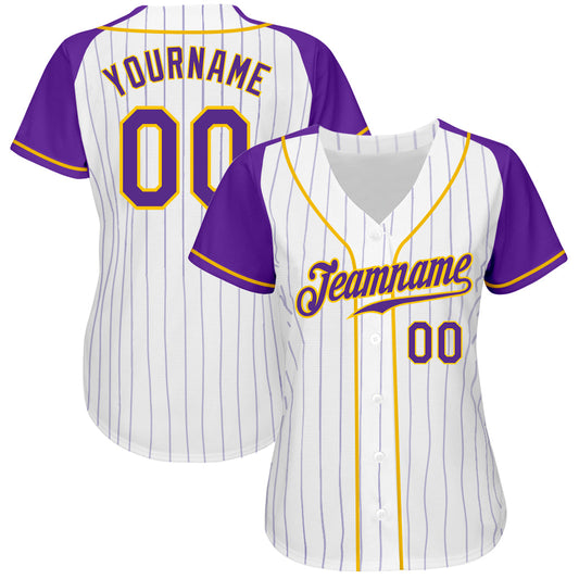 Custom White Purple Pinstripe Purple-Gold Authentic Raglan Sleeves Baseball Jersey - Sky-Custom