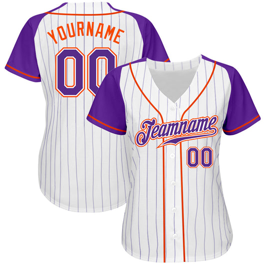 Custom White Purple Pinstripe Purple-Orange Authentic Raglan Sleeves Baseball Jersey - Sky-Custom