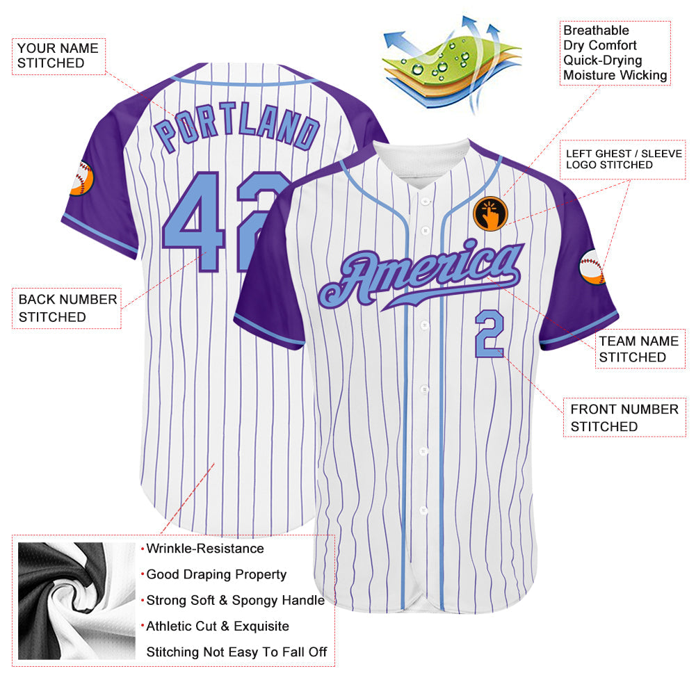 Custom White Pinstripe Pinstrip Light Blue-Purple Authentic Raglan Sleeves Baseball Jersey - Sky-Custom