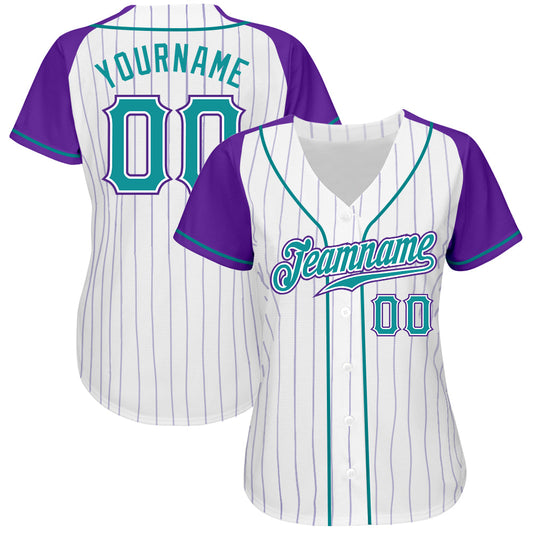 Custom White Purple Pinstripe Teal-Purple Authentic Raglan Sleeves Baseball Jersey - Sky-Custom