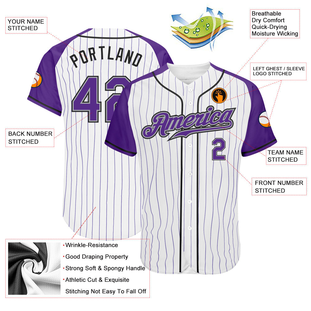 Custom White Purple Pinstripe Purple-Gray Authentic Raglan Sleeves Baseball Jersey - Sky-Custom
