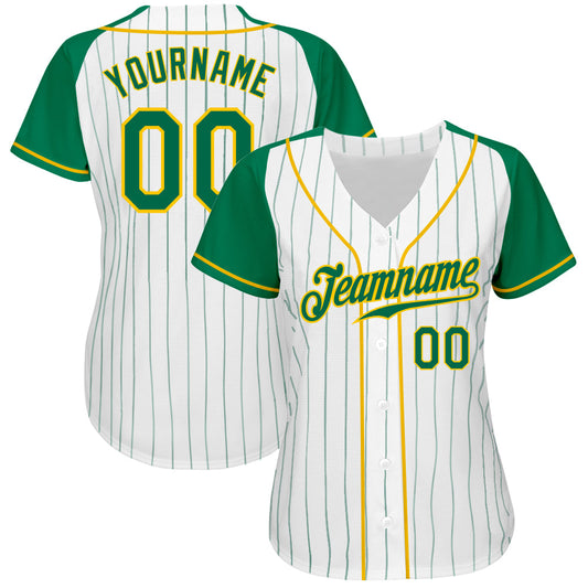 Custom White Kelly Green Pinstripe Kelly Green-Gold Authentic Raglan Sleeves Baseball Jersey - Sky-Custom