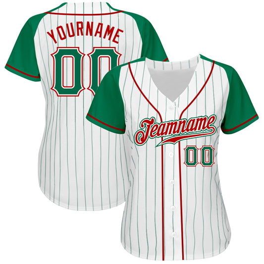 Custom White Kelly Green Pinstripe Kelly Green-Red Authentic Raglan Sleeves Baseball Jersey - Sky-Custom