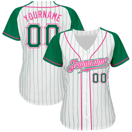 Custom White Kelly Green Pinstripe Kelly Green-Pink Authentic Raglan Sleeves Baseball Jersey - Sky-Custom